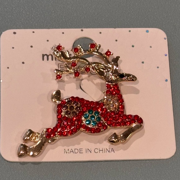 Mint Red and Gold Reindeer Brooch - Picture 1 of 10